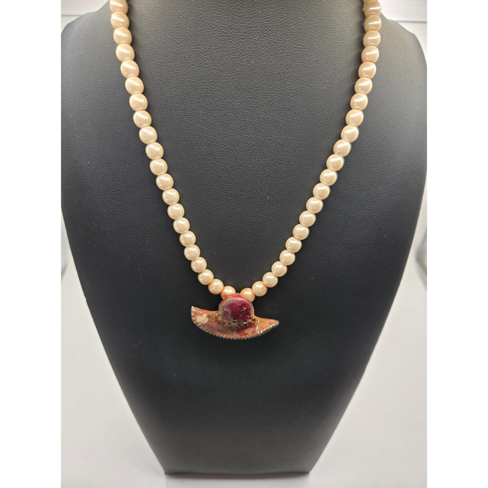 Vintage Faux Pearl Necklace Red Gold Hat Pendant Western Novelty Jewelry 16in
